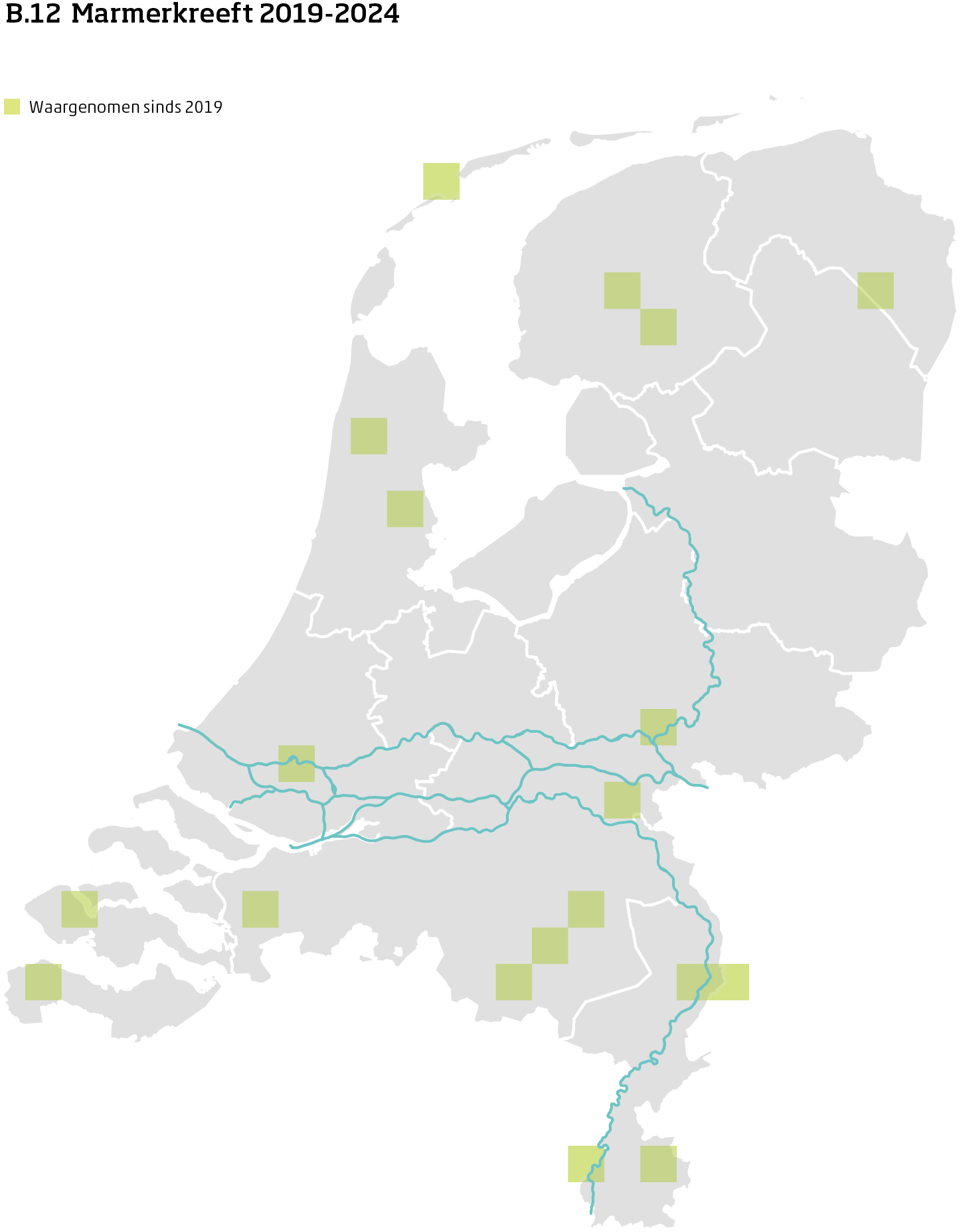 De kaart toont voor marmerkreeft het actueel leefgebied Nederland. In 10 bij 10 kilometer hokken is aangegeven waar de soort sinds 2019 is waargenomen.