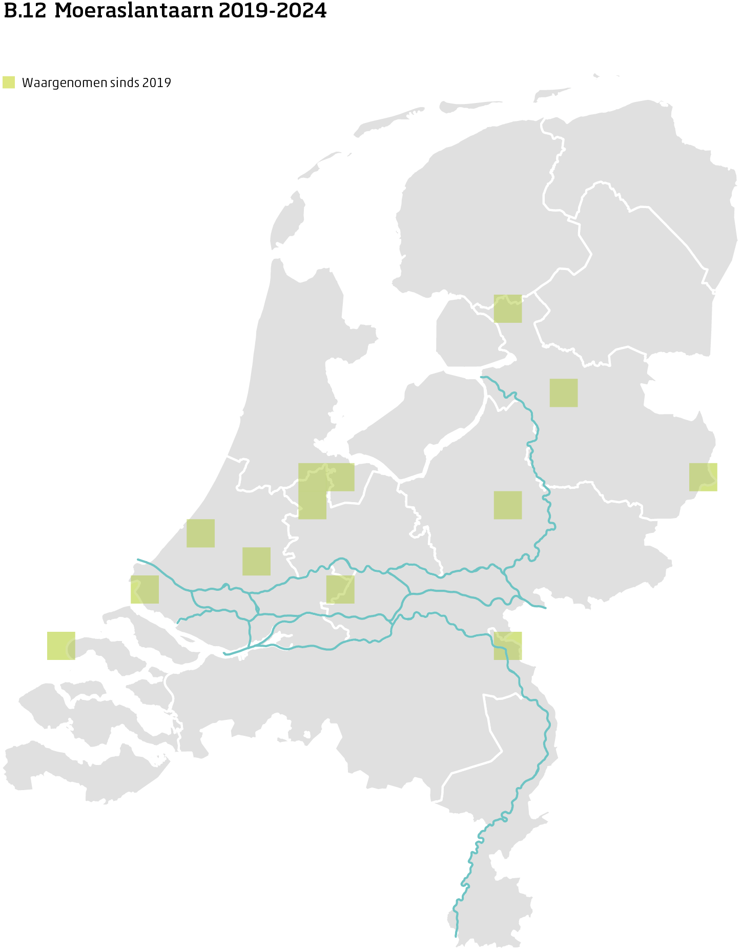 De kaart toont voor moeraslantaarn het actueel leefgebied Nederland. In 10 bij 10 kilometer hokken is aangegeven waar de soort sinds 2019 is waargenomen.