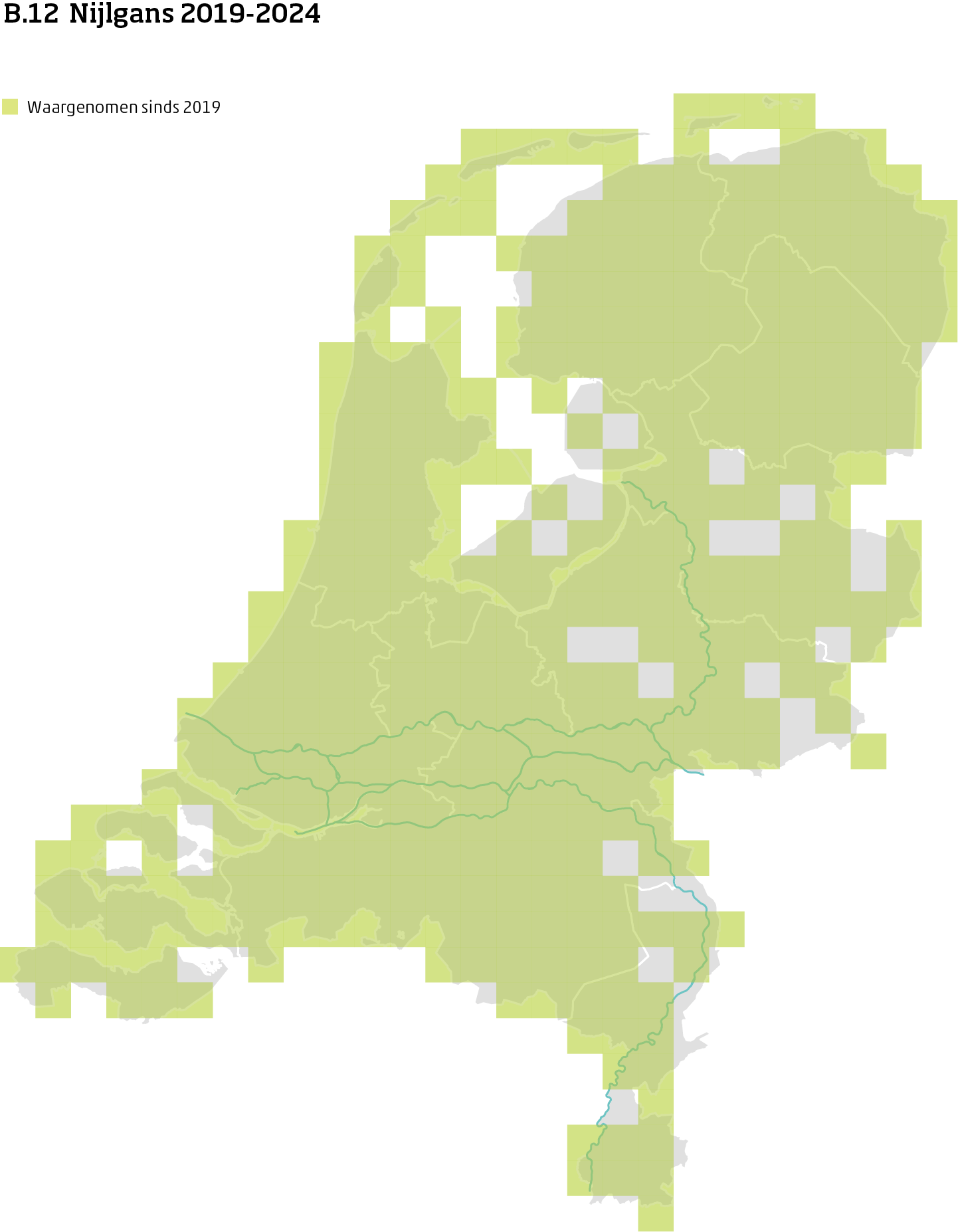 De kaart toont voor nijlgans het actueel leefgebied Nederland. In 10 bij 10 kilometer hokken is aangegeven waar de soort sinds 2019 is waargenomen.