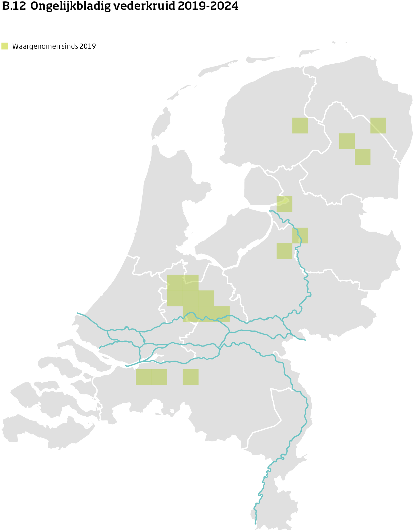 De kaart toont voor ongelijkbladig vederkruid het actueel leefgebied Nederland. In 10 bij 10 kilometer hokken is aangegeven waar de soort sinds 2019 is waargenomen.