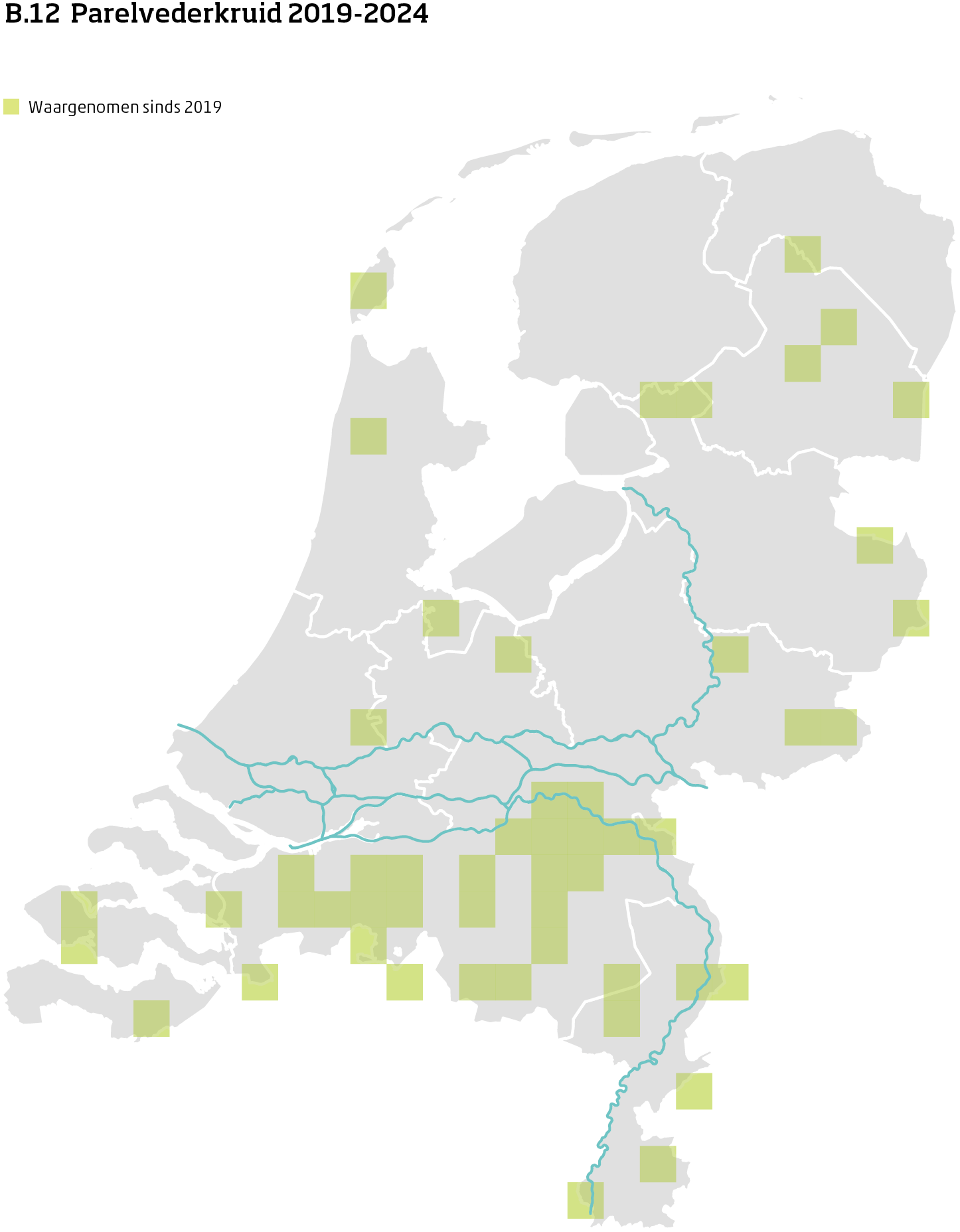 De kaart toont voor parelvederkruid het actueel leefgebied Nederland. In 10 bij 10 kilometer hokken is aangegeven waar de soort sinds 2019 is waargenomen.