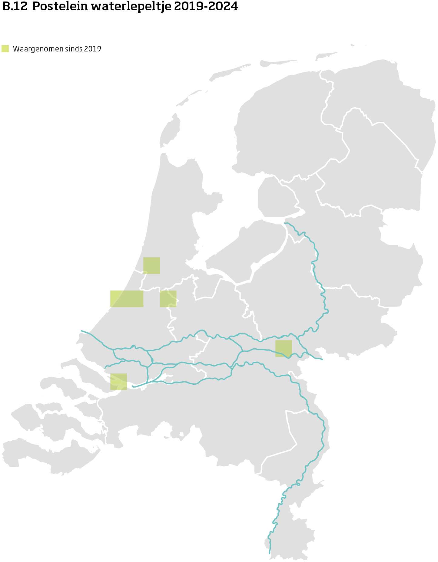De kaart toont voor postelein-waterlepeltje het actueel leefgebied Nederland. In 10 bij 10 kilometer hokken is aangegeven waar de soort sinds 2019 is waargenomen.
