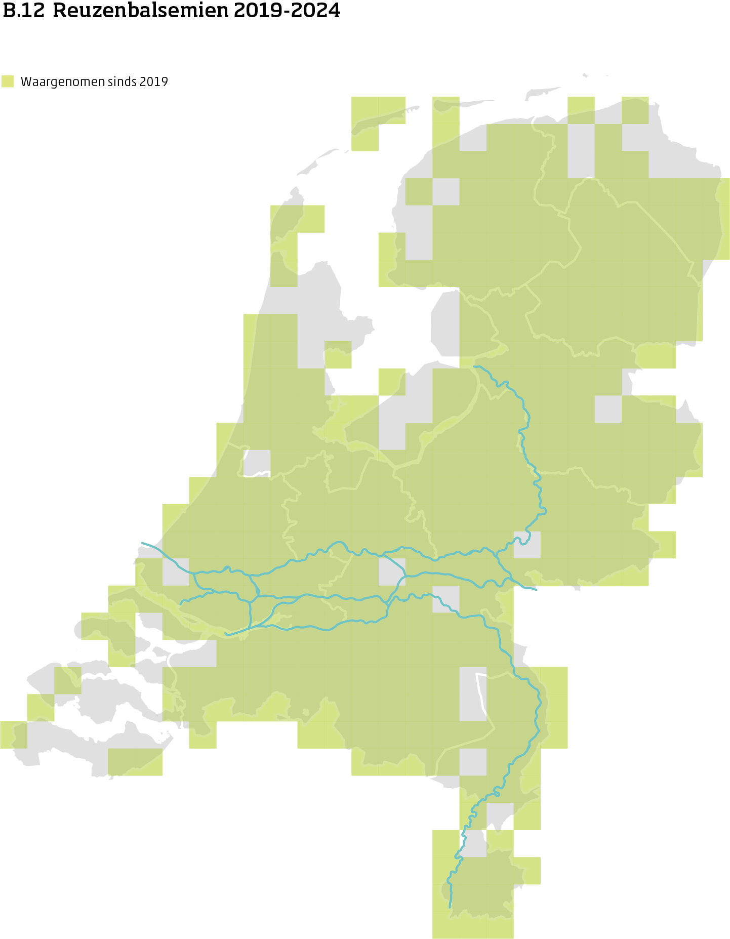 De kaart toont voor reuzenbalsemien het actueel leefgebied Nederland. In 10 bij 10 kilometer hokken is aangegeven waar de soort sinds 2019 is waargenomen.