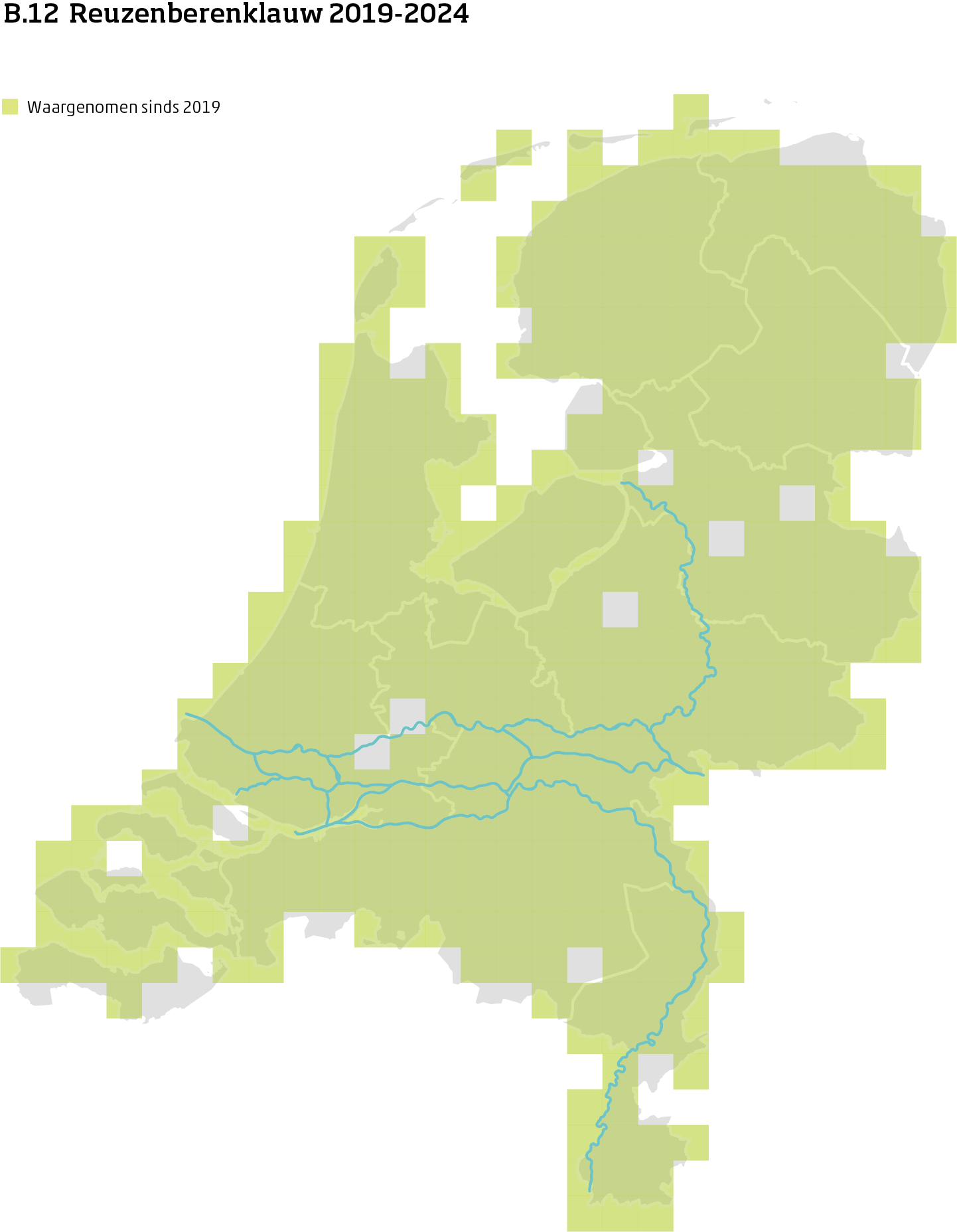 De kaart toont voor reuzenberenklauw het actueel leefgebied Nederland. In 10 bij 10 kilometer hokken is aangegeven waar de soort sinds 2019 is waargenomen.
