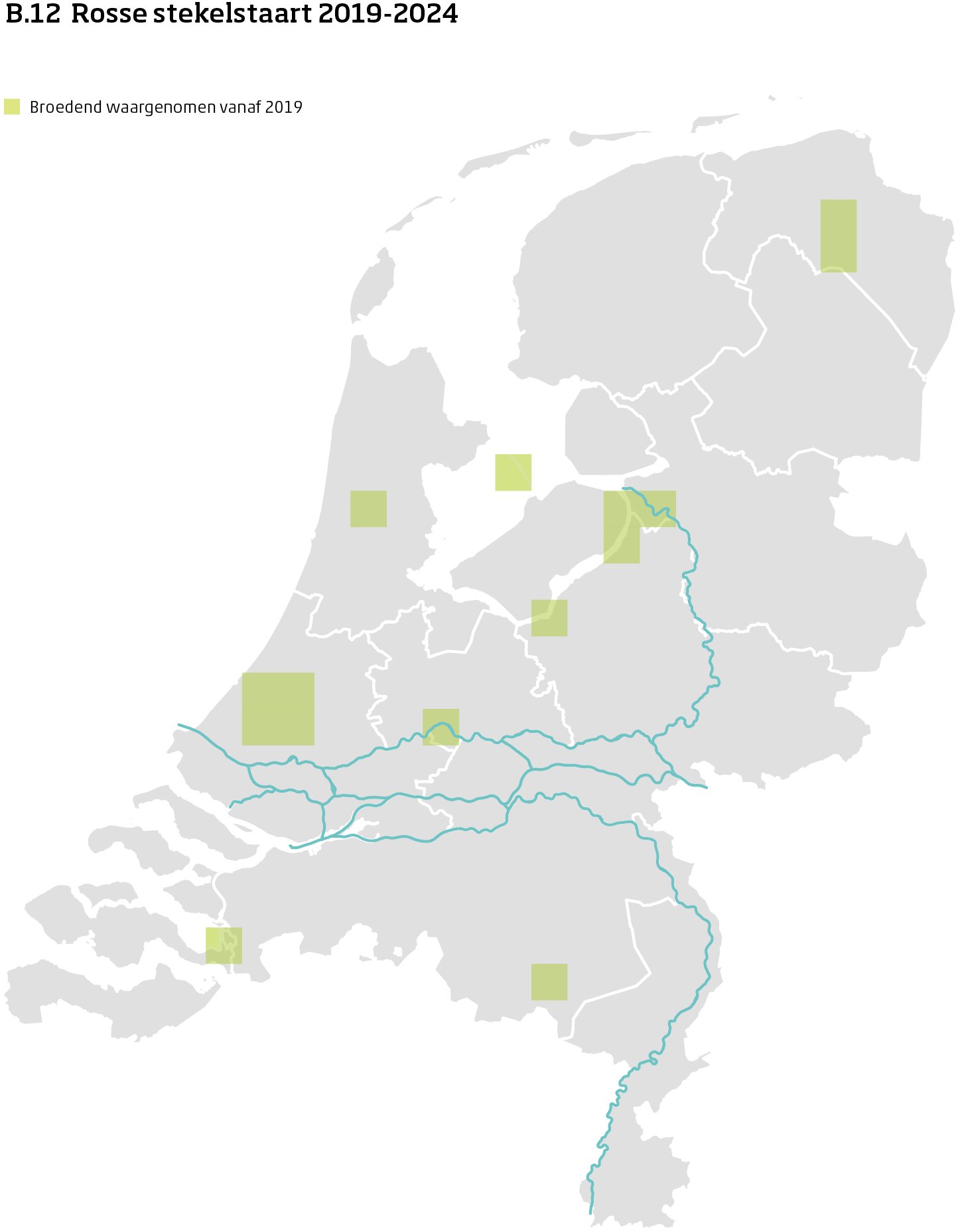 De kaart toont voor rosse stekelstaart het actueel leefgebied Nederland. In 10 bij 10 kilometer hokken is aangegeven waar de soort sinds 2019 is waargenomen.