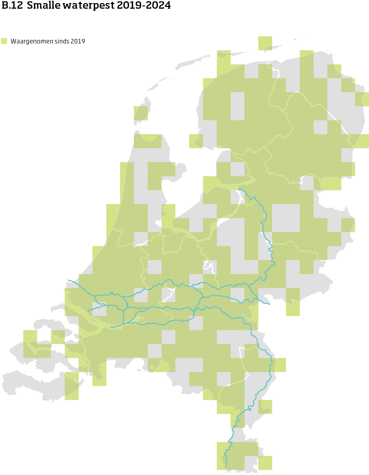 De kaart toont voor smalle waterpest het actueel leefgebied Nederland. In 10 bij 10 kilometer hokken is aangegeven waar de soort sinds 2019 is waargenomen.