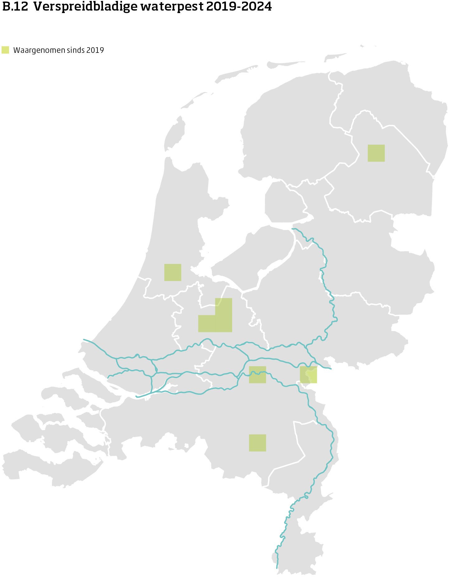 De kaart toont voor verspreidbladige waterpest het actueel leefgebied Nederland. In 10 bij 10 kilometer hokken is aangegeven waar de soort sinds 2019 is waargenomen.