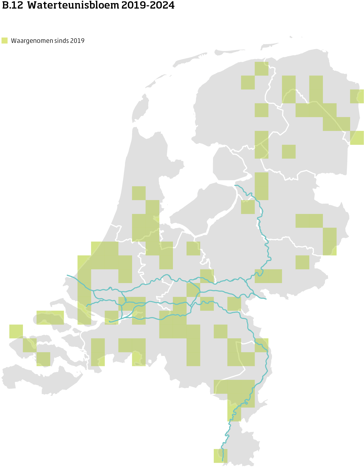 De kaart toont voor waterteunisbloem het actueel leefgebied Nederland. In 10 bij 10 kilometer hokken is aangegeven waar de soort sinds 2019 is waargenomen.