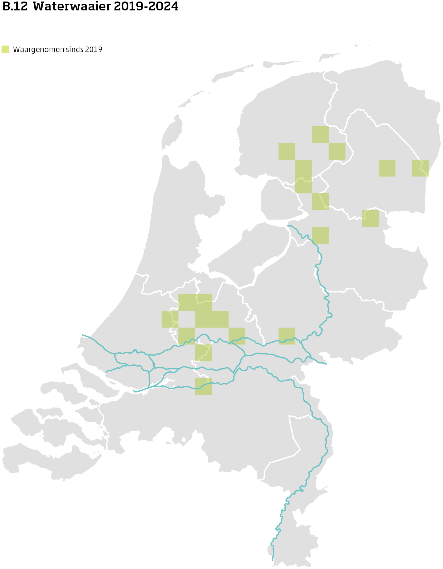 De kaart toont voor waterwaaier het actueel leefgebied Nederland. In 10 bij 10 kilometer hokken is aangegeven waar de soort sinds 2019 is waargenomen.