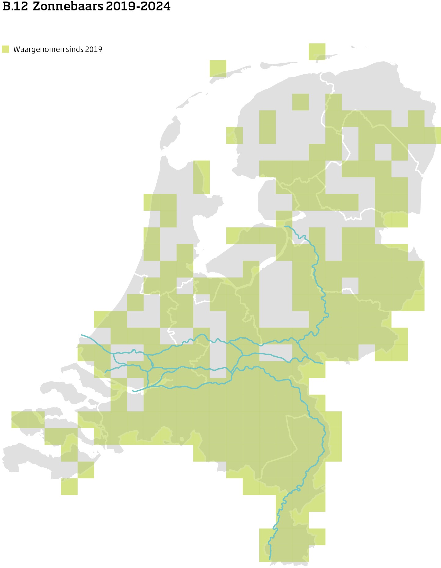 De kaart toont voor zonnebaars het actueel leefgebied Nederland. In 10 bij 10 kilometer hokken is aangegeven waar de soort sinds 2019 is waargenomen.