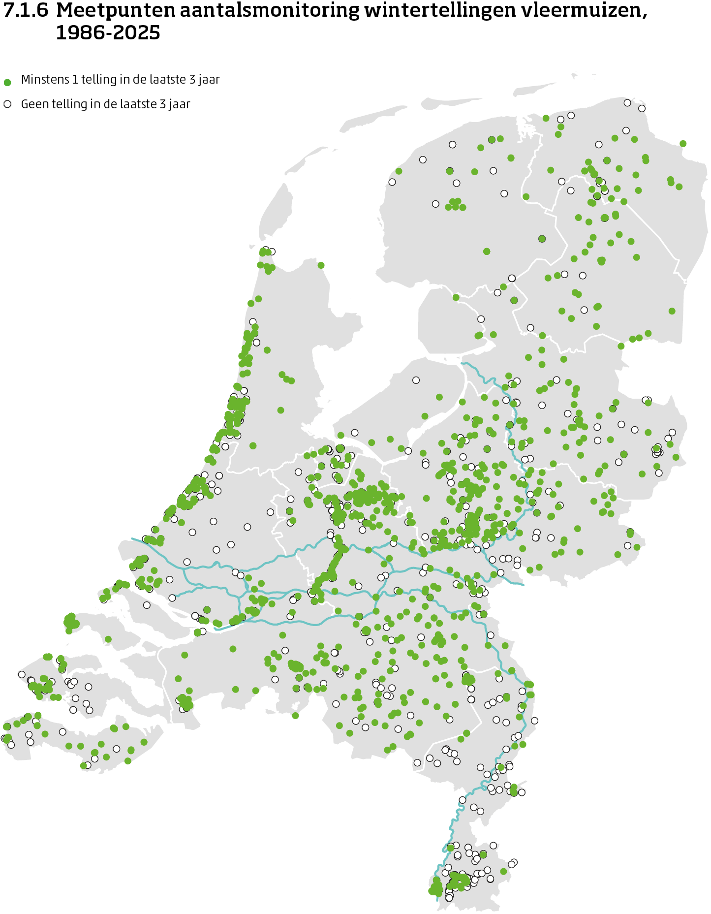 De kaart toont de ligging van de meetpunten in Nederland van de aantalsmonitoring van vleermuizen door middel van wintertellingen van 1986 tot en met 2025. Per meetpunt is aangegeven of er minimaal 1 telling is uitgevoerd in de laatste 3 jaar of niet.