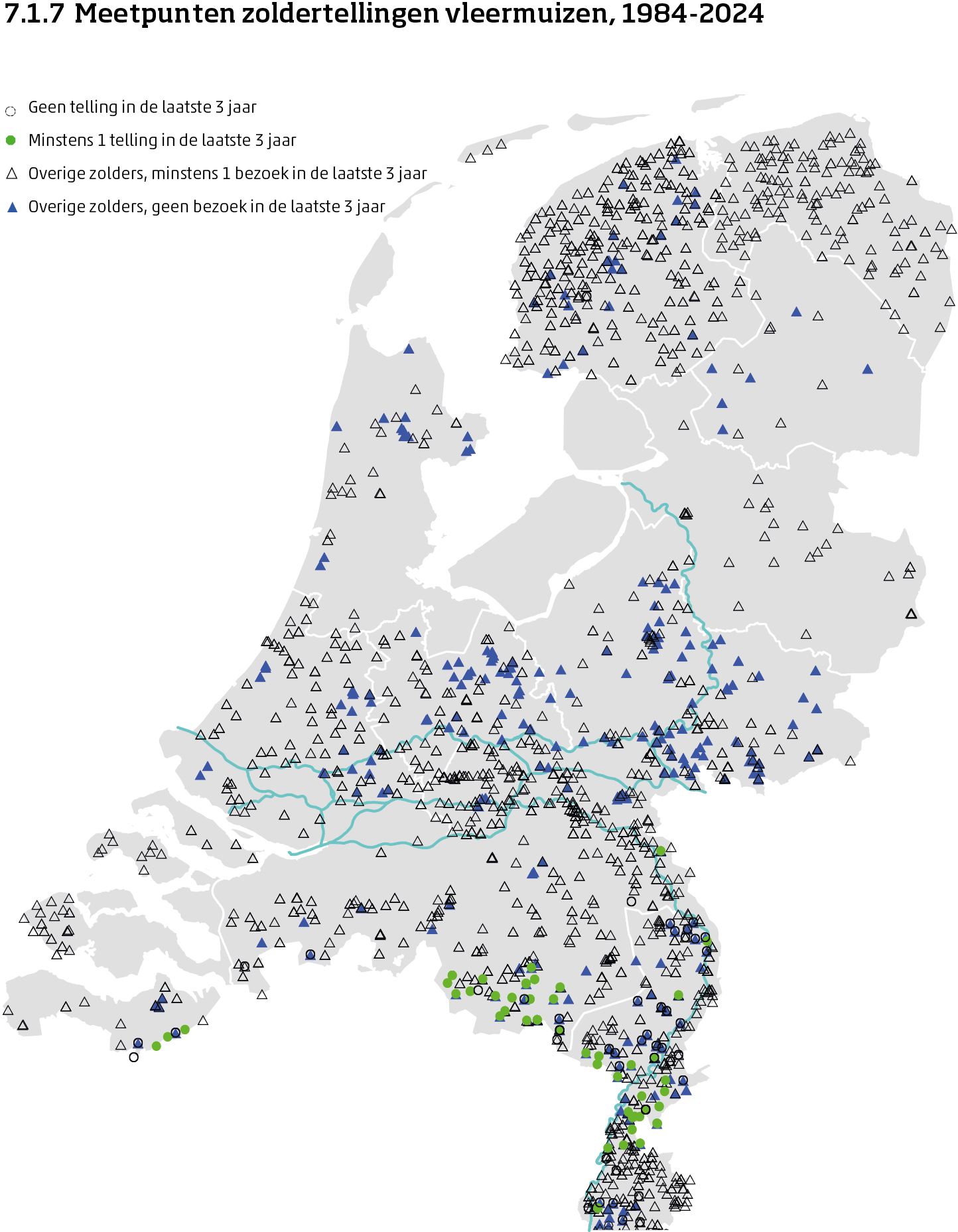 De kaart toont de ligging van de meetpunten in Nederland van de aantalsmonitoring van vleermuizen door middel van zoldertellingen van 1984 tot en met 2025. Per meetpunt is aangegeven of er minimaal 1 telling is uitgevoerd in de laatste 3 jaar of niet.