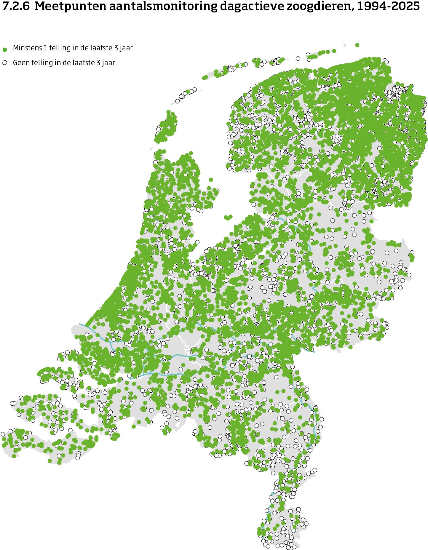 De kaart toont de ligging van de meetpunten in Nederland van de aantalsmonitoring van dagactieve zoogdieren van 1994 tot en met 2025. Per meetpunt is aangegeven of er minimaal 1 telling is uitgevoerd in de laatste 3 jaar of niet.