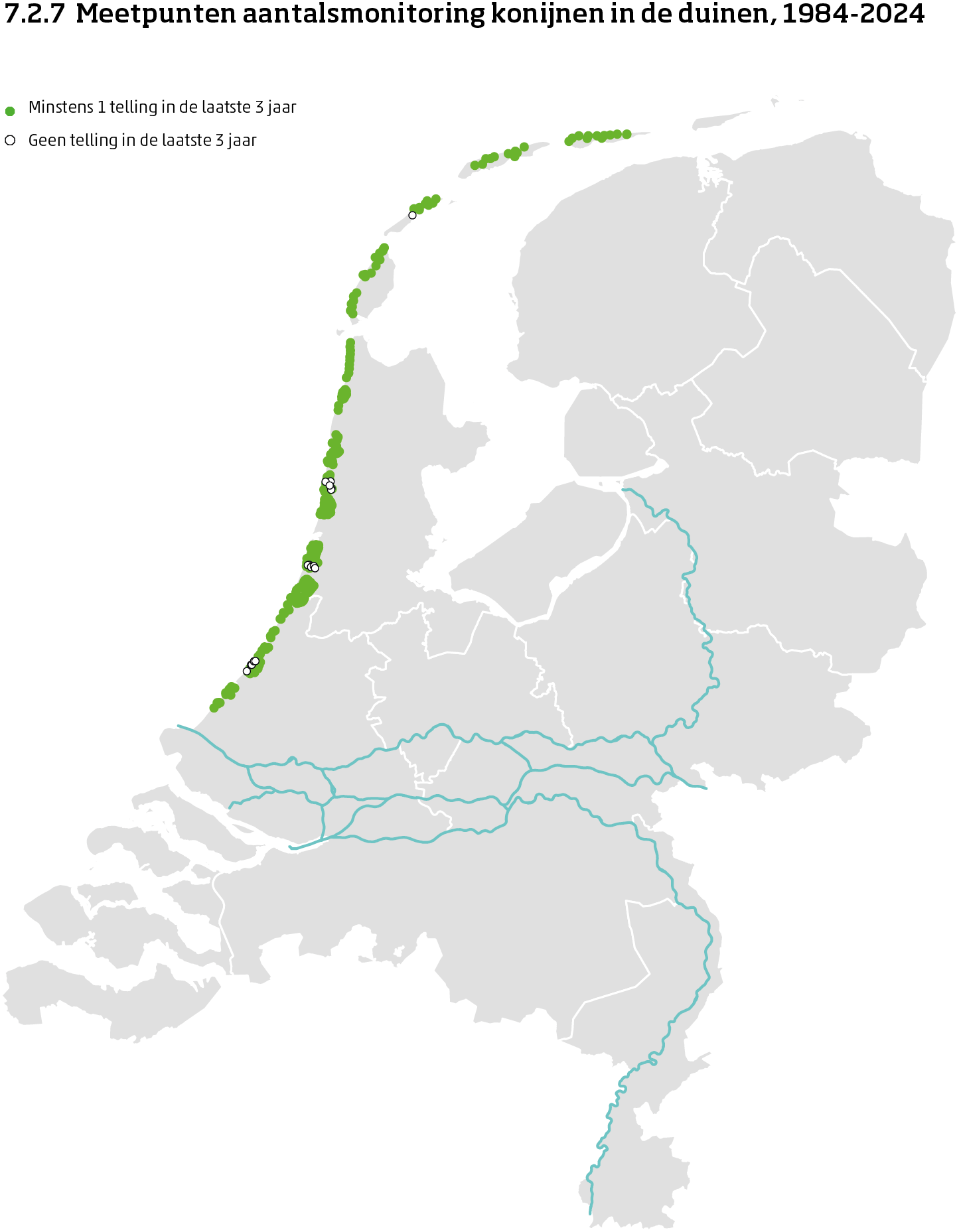 De kaart toont de ligging van de meetpunten in de duinen in Nederland van de aantalsmonitoring van konijnen van 1984 tot en met 2025. Per meetpunt is aangegeven of er minimaal 1 telling is uitgevoerd in de laatste 3 jaar of niet.