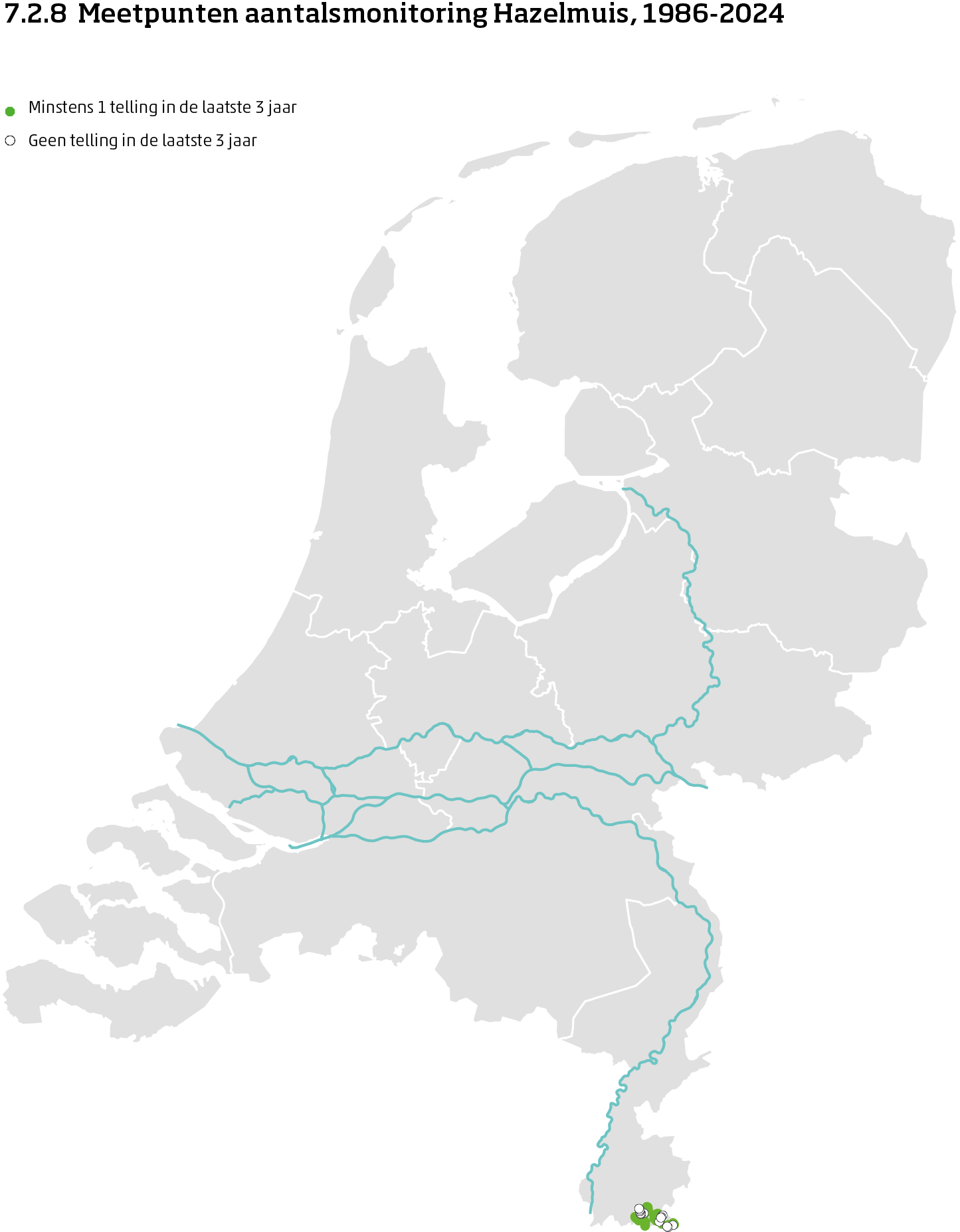 De kaart toont de ligging van de meetpunten in Nederland van de aantalsmonitoring van hazelmuizen van 1986 tot en met 2025. Per meetpunt is aangegeven of er minimaal 1 telling is uitgevoerd in de laatste 3 jaar of niet.