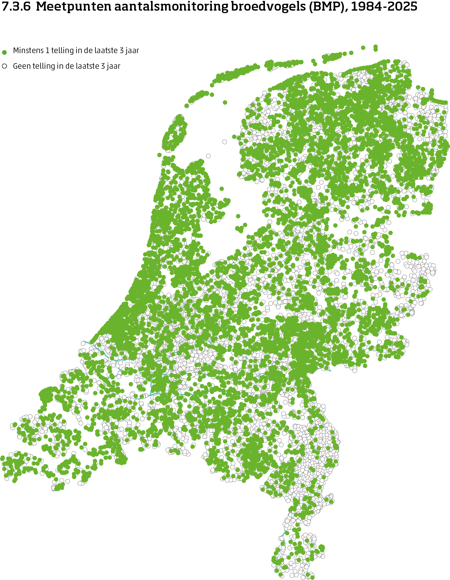 De kaart toont de ligging van de meetpunten in Nederland van de aantalsmonitoring van broedvogels van 1984 tot en met 2025. Per meetpunt is aangegeven of er minimaal 1 telling is uitgevoerd in de laatste 3 jaar of niet.