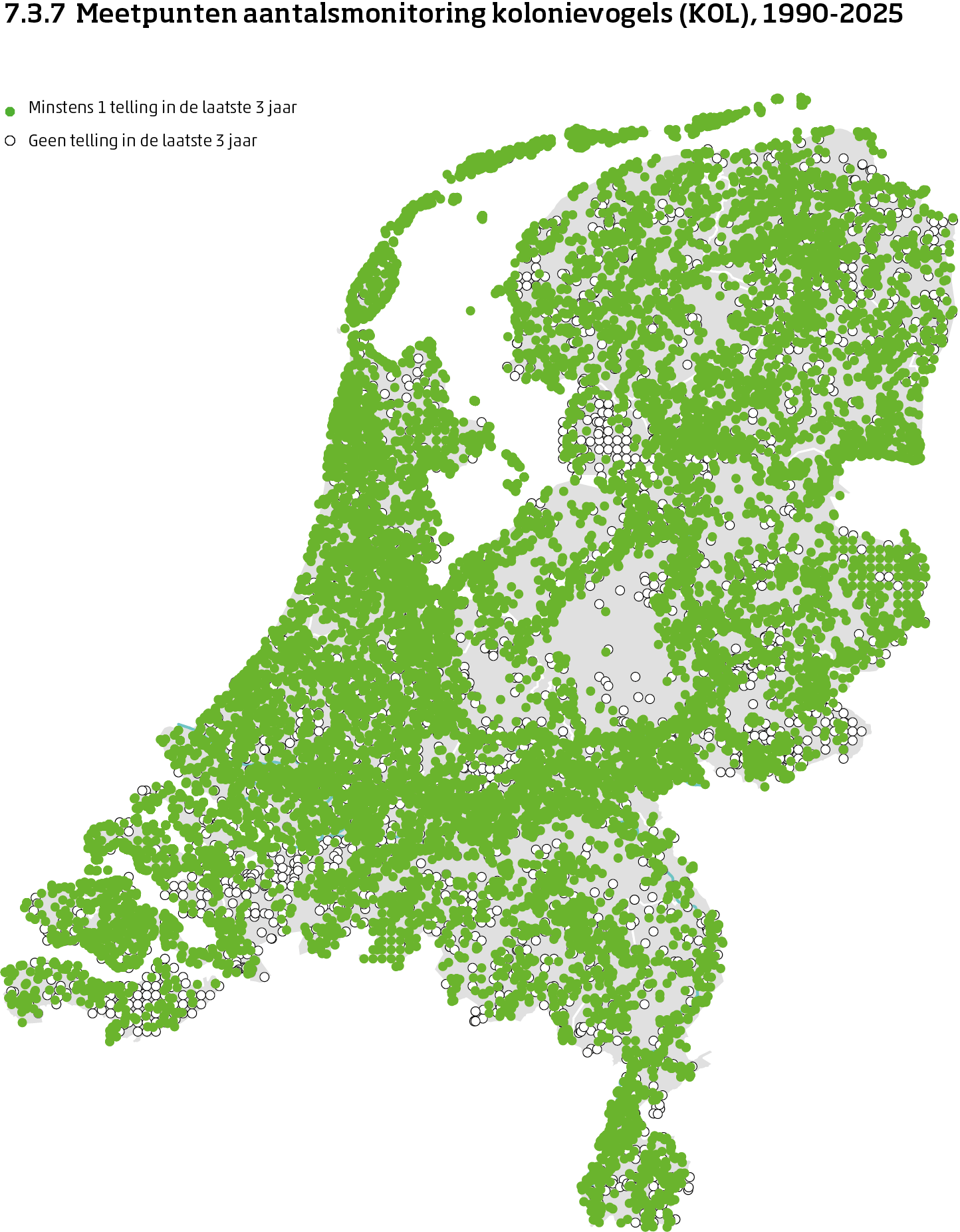 De kaart toont de ligging van de meetpunten in Nederland van de aantalsmonitoring van kolonievogels van 1990 tot en met 2025. Per meetpunt is aangegeven of er minimaal 1 telling is uitgevoerd in de laatste 3 jaar of niet.