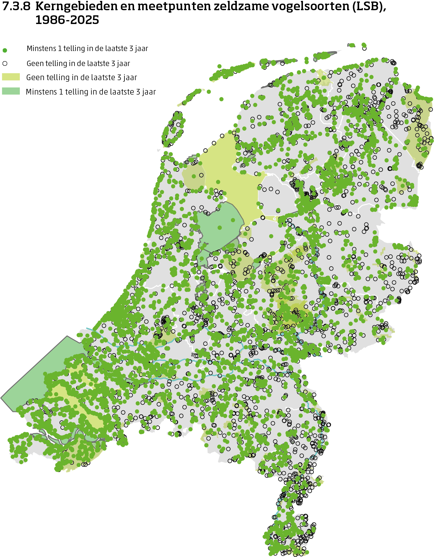 De kaart toont de ligging van de kerngebieden en meetpunten in Nederland van de aantalsmonitoring van zeldzame vogels van 1986 tot en met 2025. Per kerngebied en meetpunt is aangegeven of er minimaal 1 telling is uitgevoerd in de laatste 3 jaar of niet.