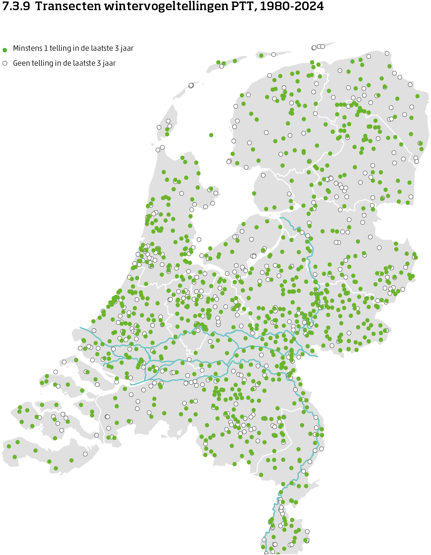 De kaart toont de ligging van de transecten in Nederland van de aantalsmonitoring van broedvogels door middel van punt transect tellingen in de winter van 1980 tot en met 2025. Per transect is aangegeven of er minimaal 1 telling is uitgevoerd in de laatste 3 jaar of niet.