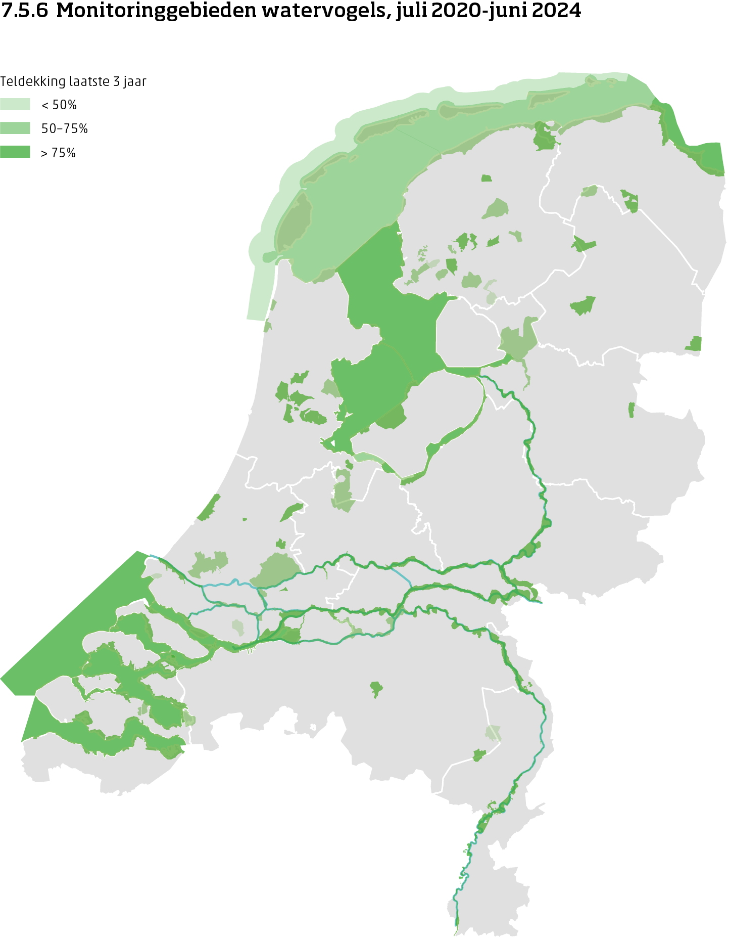De kaart toont de ligging van de monitoringgebieden in Nederland van watervogels van juli 2017 tot en met juni 2025. Per monitoringgebied is aangegeven of de teldekking in de laatste 3 jaar minder dan 50%, 50 tot 75% of meer dan 75% bereikte.