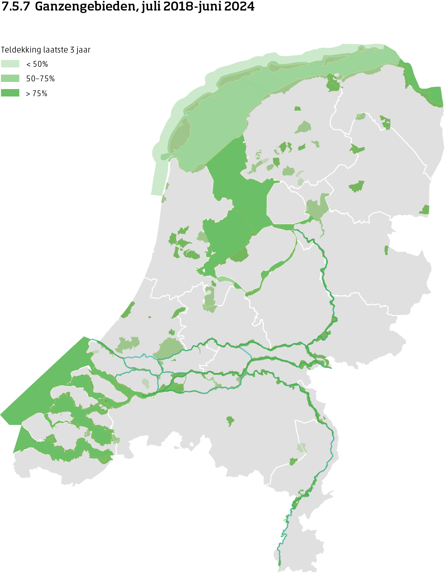 De kaart toont de ligging van de ganzengebieden in Nederland van juli 2017 tot en met juni 2025. Per ganzengebied is aangegeven of de teldekking in de laatste 3 jaar minder dan 50%, 50 tot 75% of meer dan 75% bereikte.