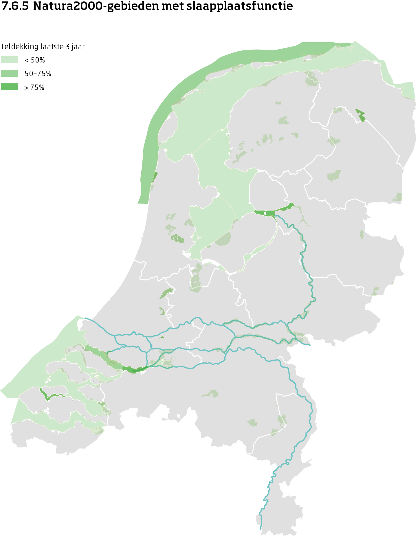 De kaart toont de ligging van de Natura2000-gebieden met slaapplaatsfunctie voor vogels in Nederland. Per Natura2000-gebied is aangegeven of de teldekking in de laatste 3 jaar minder dan 50%, 50 tot 75% of meer dan 75% bereikte.