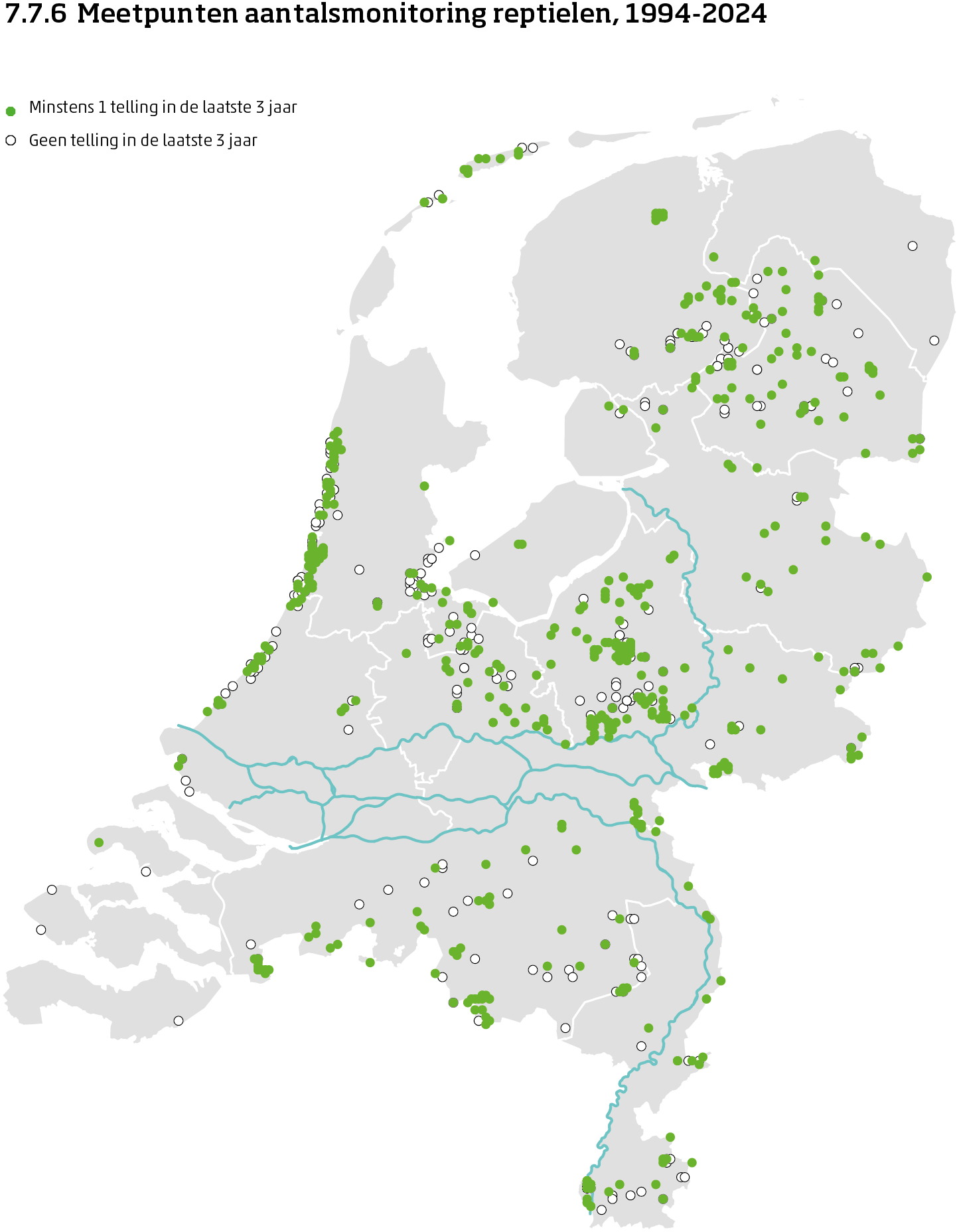 De kaart toont de ligging van de meetpunten in Nederland van de aantalsmonitoring van reptielen van 1994 tot en met 2025. Per meetpunt is aangegeven of er minimaal 1 telling is uitgevoerd in de laatste 3 jaar of niet.