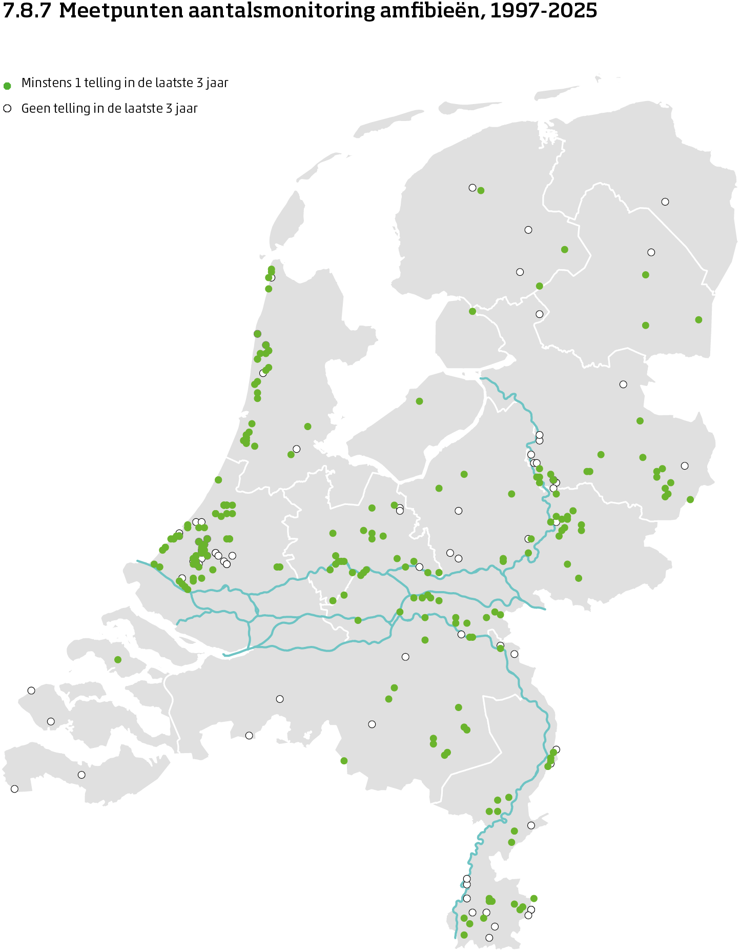 De kaart toont de ligging van de meetpunten in Nederland van de aantalsmonitoring van amfibieën van 1997 tot en met 2025. Per meetpunt is aangegeven of er minimaal 1 telling is uitgevoerd in de laatste 3 jaar of niet.