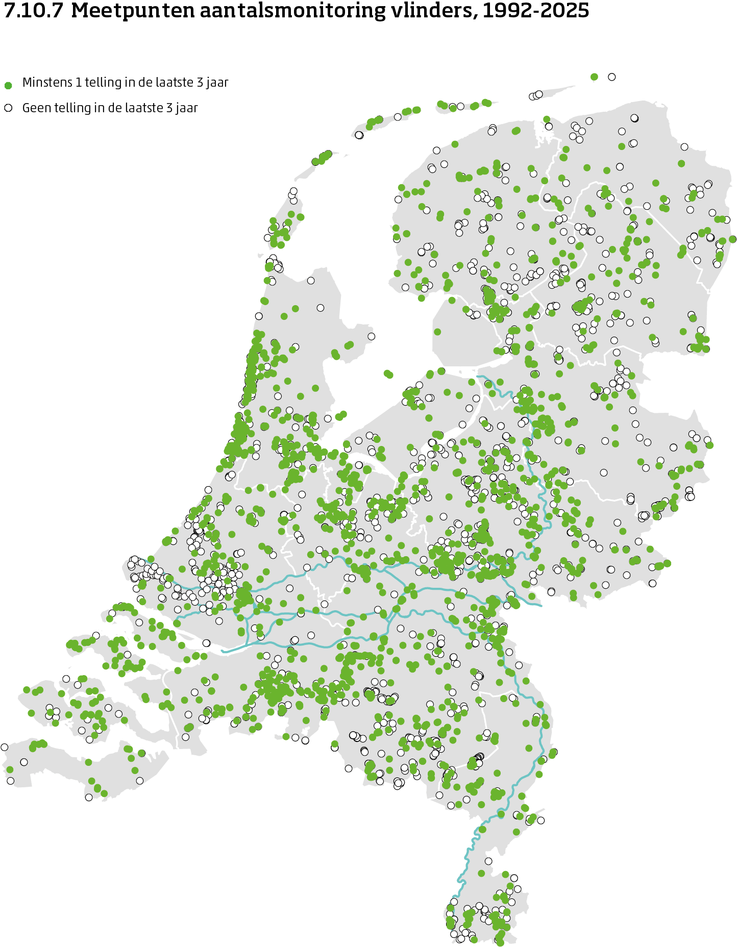 De kaart toont de ligging van de meetpunten in Nederland van de aantalsmonitoring van vlinders van 1992 tot en met 2025. Per meetpunt is aangegeven of er minimaal 1 telling is uitgevoerd in de laatste 3 jaar of niet.