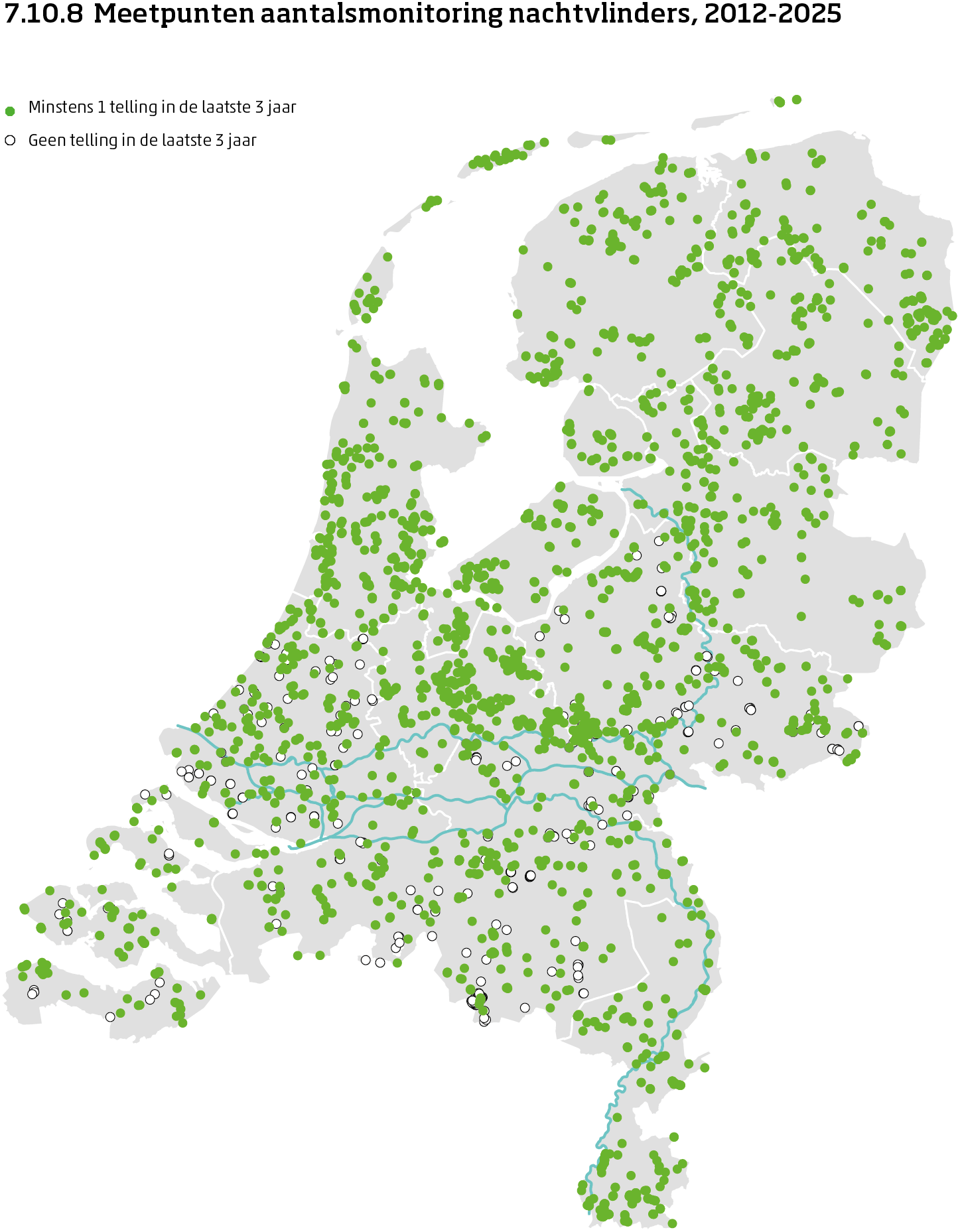 De kaart toont de ligging van de meetpunten in Nederland van de aantalsmonitoring van nachtvlinders van 2024 tot en met 2025.