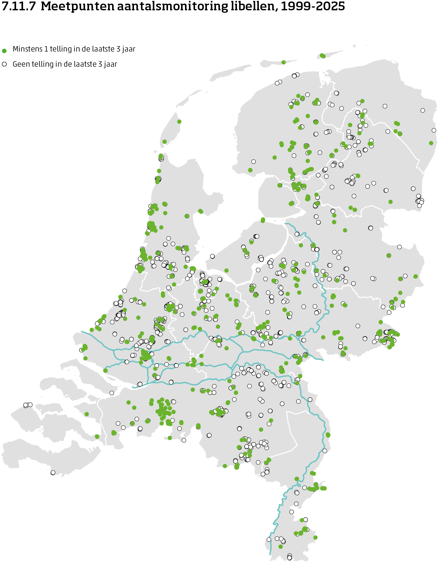 De kaart toont de ligging van de meetpunten in Nederland van de aantalsmonitoring van libellen van 1999 tot en met 2025. Per meetpunt is aangegeven of er minimaal 1 telling is uitgevoerd in de laatste 3 jaar of niet.