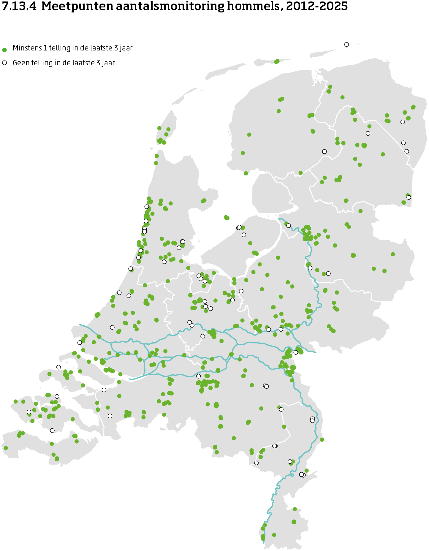 De kaart toont de ligging van de meetpunten in Nederland van het landelijk meetnet hommels van 2024 tot en met 2025. Per meetpunt is aangegeven of er minimaal 1 telling is uitgevoerd in de laatste 3 meetronden of niet.