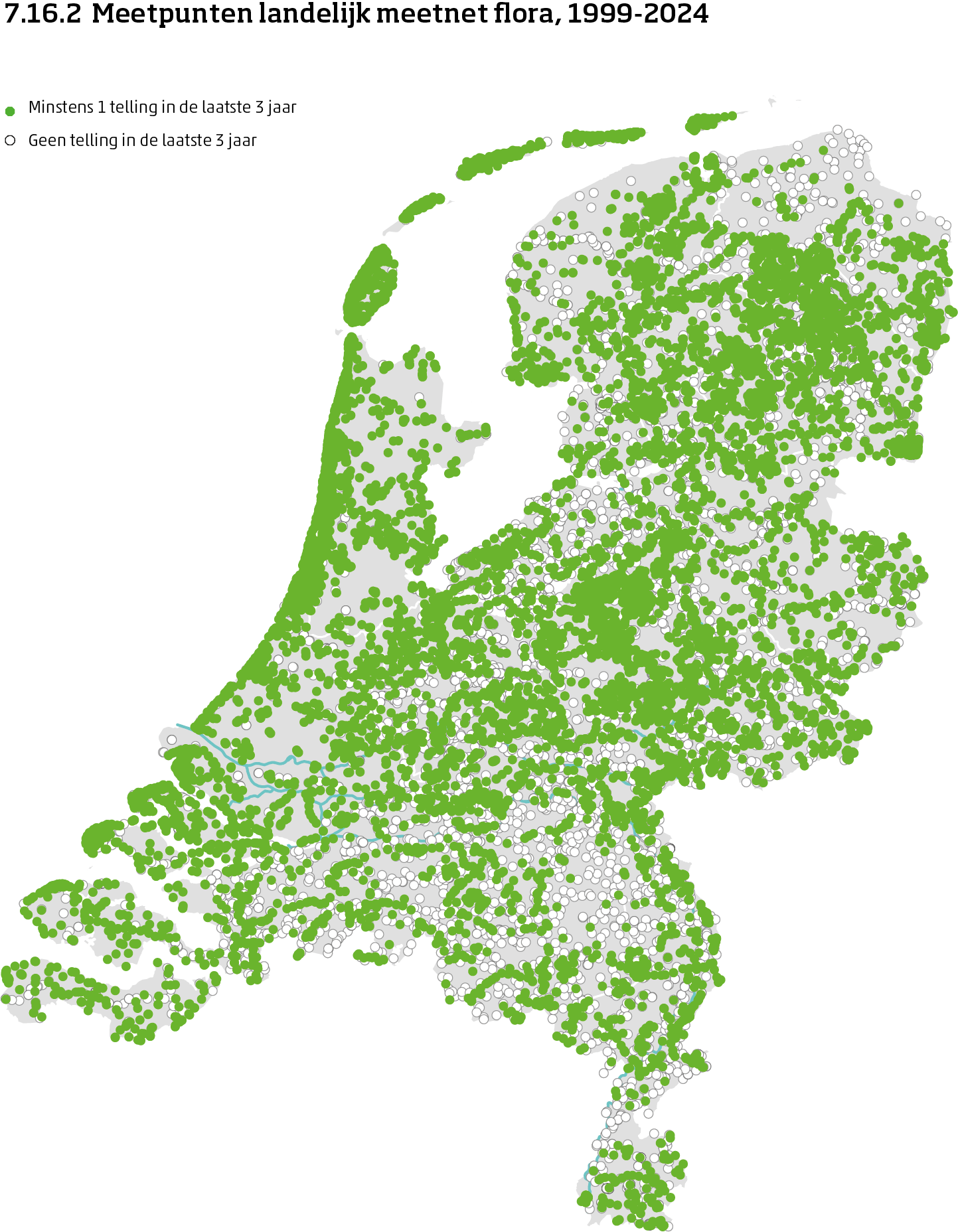 De kaart toont de ligging van de meetpunten in Nederland van het landelijk meetnet flora van 1999 tot en met 2023. Per meetpunt is aangegeven of er minimaal 1 telling is uitgevoerd in de laatste 3 meetronden of niet.