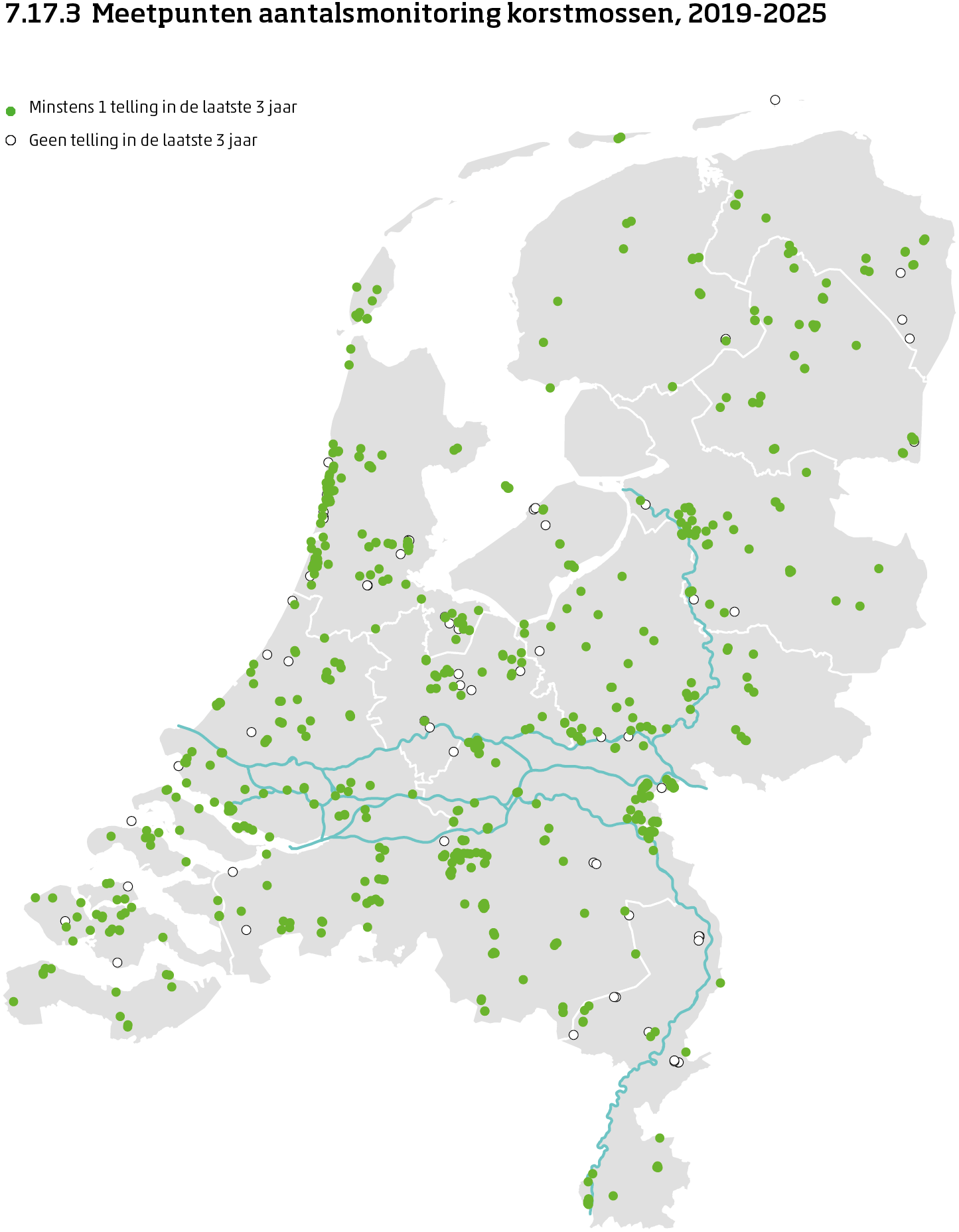 De kaart toont de ligging van de meetpunten in Nederland van de aantalsmonitoring van korstmossen in de meetronde van 2017 tot en met 2023. Per meetpunt is aangegeven of er minimaal 1 telling is uitgevoerd in de huidige meetronde of nog niet.
