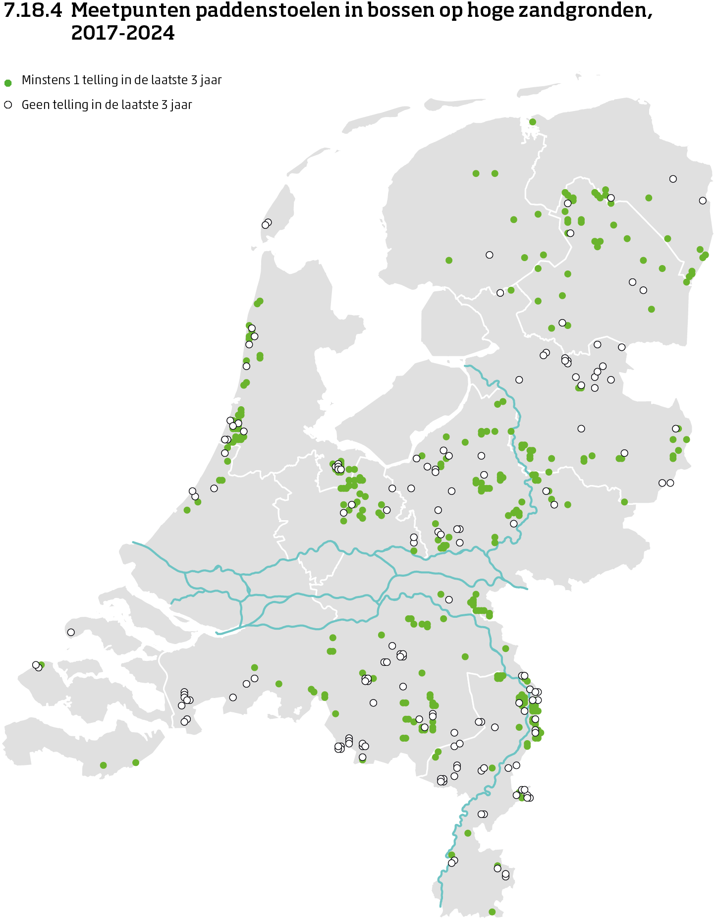 De kaart toont de ligging van de meetpunten in Nederland van paddenstoelen in bossen op zandgronden van 2017 tot en met 2025. Per meetpunt is aangegeven of er minimaal 1 telling is uitgevoerd in de laatste 3 jaar of niet.