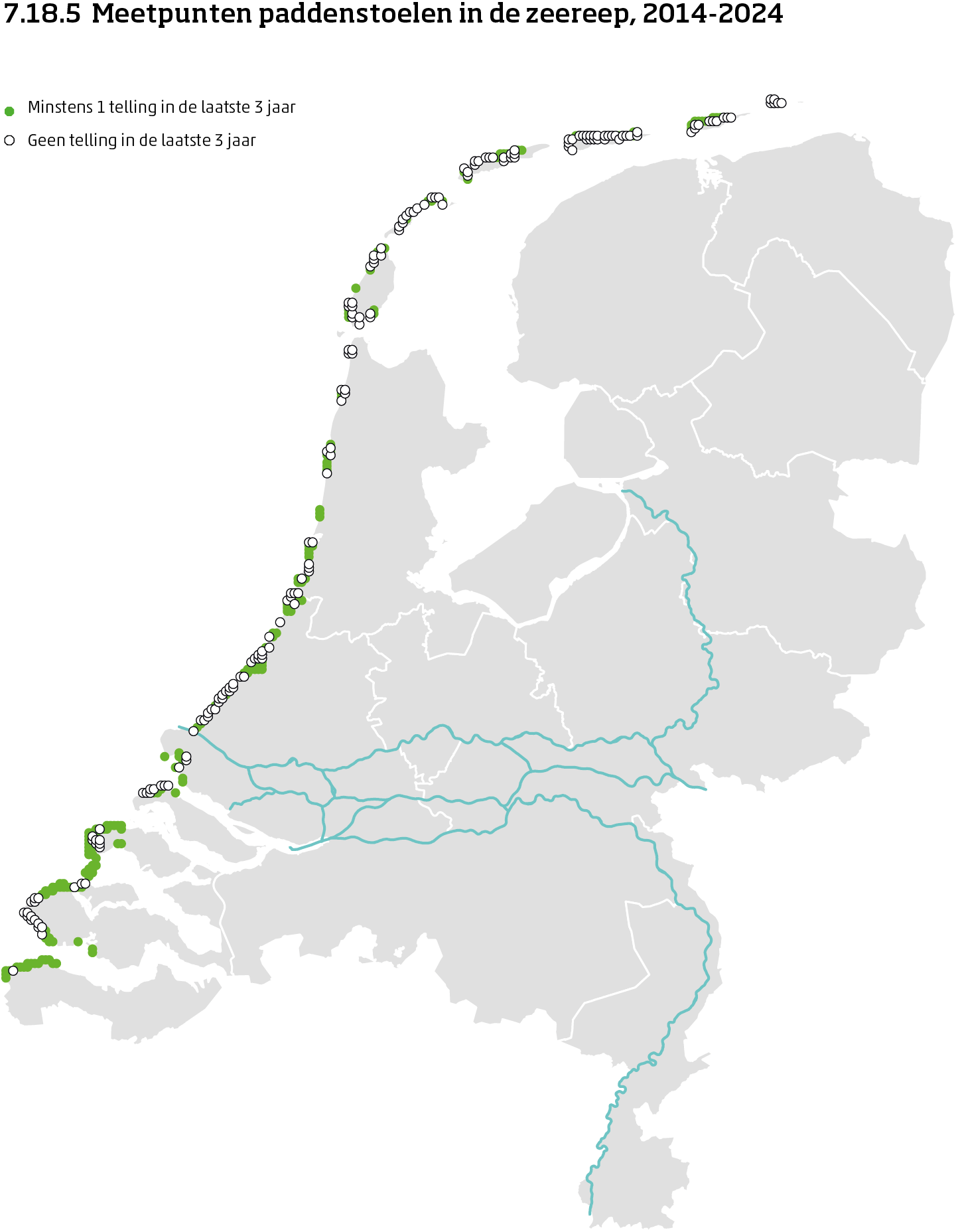 De kaart toont de ligging van de meetpunten in Nederland van paddenstoelen in de zeereep van 2014 tot en met 2025. Per meetpunt is aangegeven of er minimaal 1 telling is uitgevoerd in de laatste 3 jaar of niet.