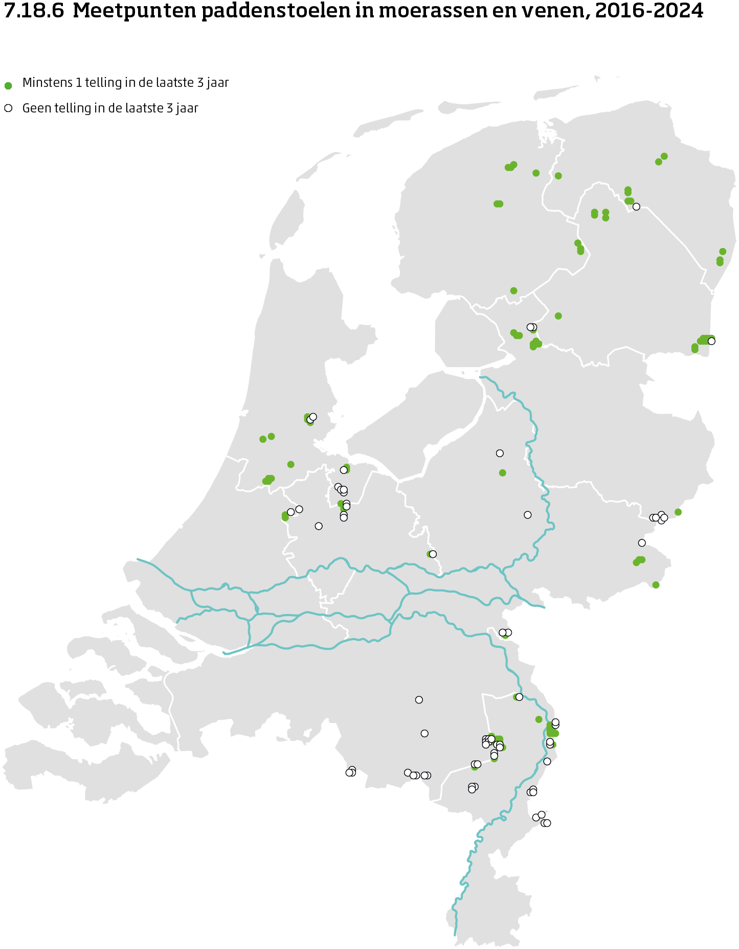 De kaart toont de ligging van de meetpunten in Nederland van paddenstoelen in moerassen en vennen van 2016 tot en met 2025. Per meetpunt is aangegeven of er minimaal 1 telling is uitgevoerd in de laatste 3 jaar of niet.
