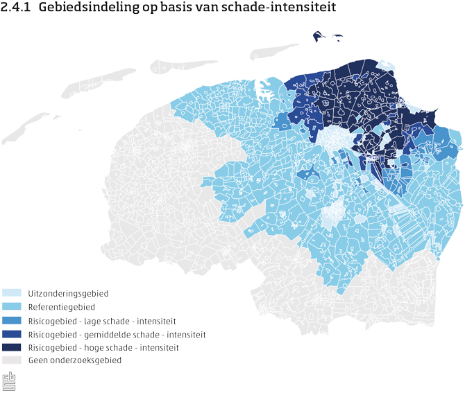 De figuur toont de gebiedsindeling op kaart. Er&nbsp;wordt onderscheid gemaakt naar de volgende gebieden: geen onderzoeksgebied, uitzonderingsgebied, referentiegebied, risicogebied met lage schade-intensiteit, risicogebied met gemiddelde schade-intensiteit, risicogebied met hoge schade-intensiteit. Bijlage&nbsp;1 beschrijft de gebiedsindeling in tabelvorm.