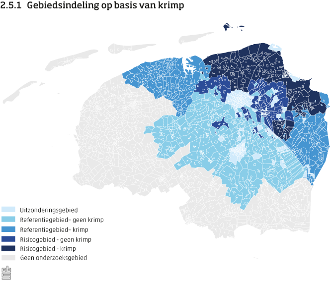 De figuur toont de gebiedsindeling op kaart. Er&nbsp;wordt onderscheid gemaakt naar de volgende gebieden: geen onderzoeksgebied, uitzonderingsgebied, referentiegebied, risicogebied met krimp, risicogebied zonder krimp, referentiegebied met krimp, referentiegebied zonder krimp. Bijlage&nbsp;1 beschrijft de gebiedsindeling in tabelvorm.