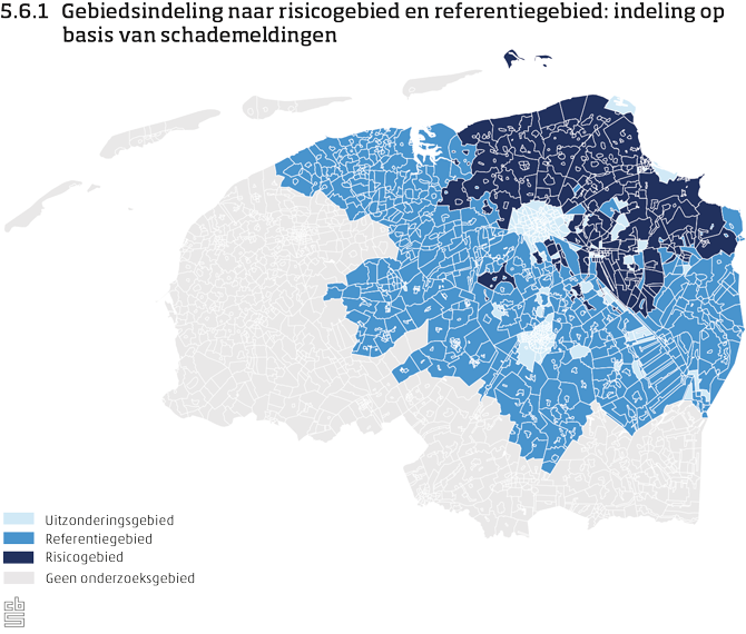 De figuur toont de gebiedsindeling op kaart op basis van schademeldingen. Er&nbsp;wordt onderscheid gemaakt naar de volgende gebieden: geen onderzoeksgebied, uitzonderingsgebied, referentiegebied, risicogebied. Bijlage&nbsp;1 beschrijft de gebiedsindeling in tabelvorm.