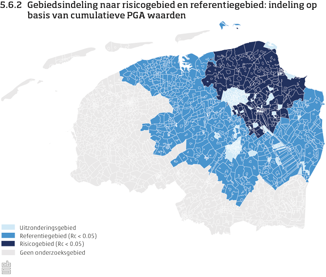 De figuur toont de gebiedsindeling op kaart op basis van cumulatieve PGA waarden. Er&nbsp;wordt onderscheid gemaakt naar de volgende gebieden: geen onderzoeksgebied, uitzonderingsgebied, referentiegebied, risicogebied.