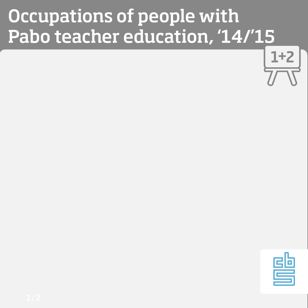 In 2014/2015, 37 percent of male graduates from primary teacher training (Pabo) were teachers in primary education; 10 percent were secondary teachers and 47 percent were employed in other occupations. 57 percent of female Pabo graduates were primary teachers; 8 percent worked in childcare or were education assistants, 4 percent secondary teachers and 31 percent were employed in other occupations.