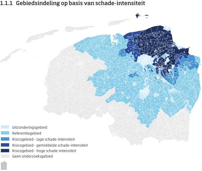 De figuur toont de gebiedsindeling op een kaart van de provincies Groningen, Drenthe en Friesland. Er wordt onderscheid gemaakt naar de volgende gebieden: geen onderzoeksgebied, uitzonderingsgebied, referentiegebied, risicogebied met lage schade-intensiteit, risicogebied met gemiddelde schade-intensiteit, risicogebied met hoge schade-intensiteit. Het methoderapport licht deze indeling uitgebreider toe.
